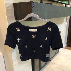 JOA Navy Blue Sequined Crop Top